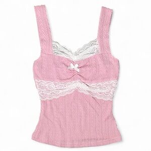 Pink Lace Bow Tank Top XS Coquette Y2K Brandy Melville Style Preppy Fitted Cami